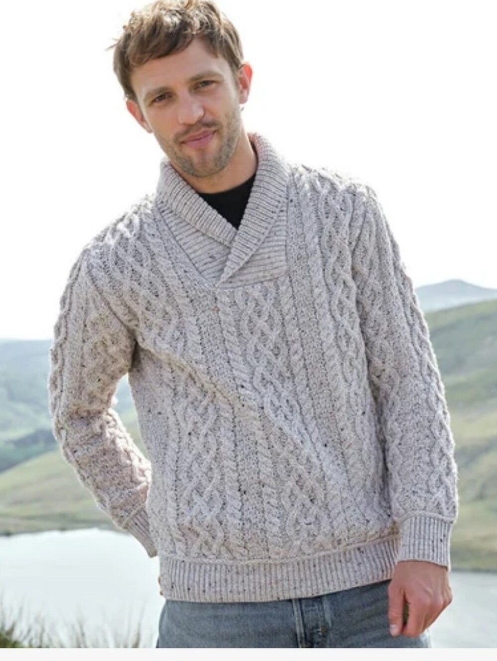 Aran Sweater Market Men's Shawl Collar Aran Sweater Size Small